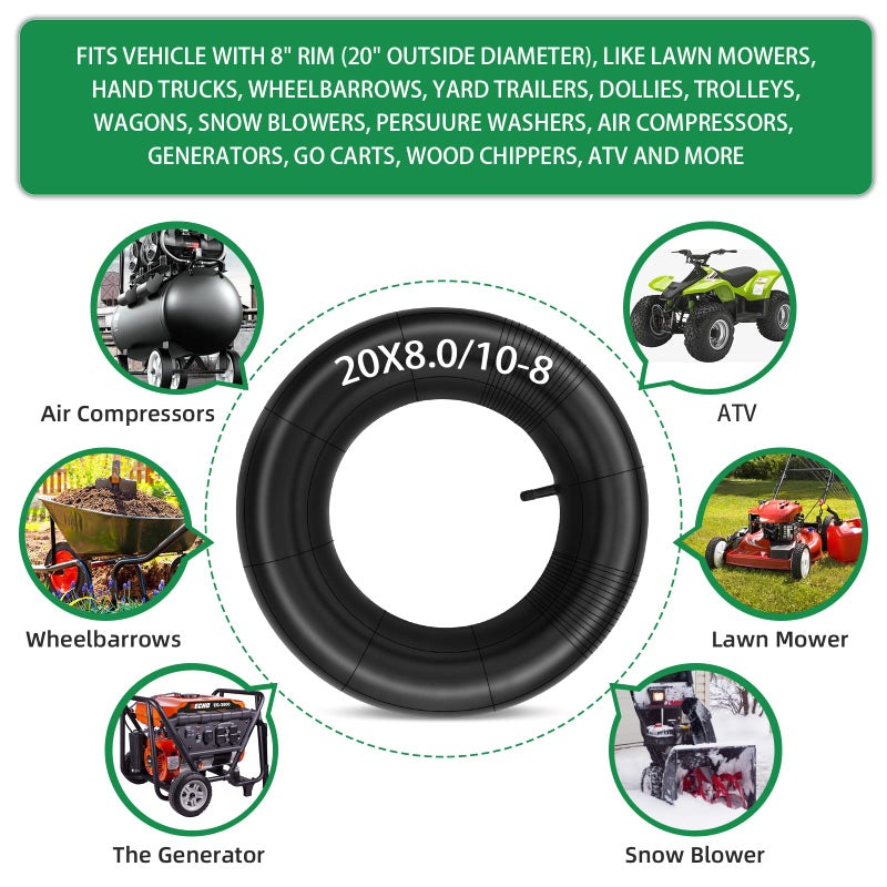 LAXEEM 2Pack 20x8.00-8, 20x10-8 Replacement Inner Tube with TR13 Straight Valve Stem for Golf Cart Mower Tractor Garden Trailer and More - Image 4